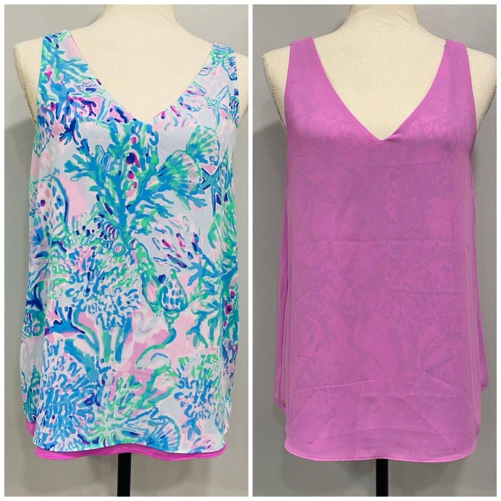 Sleeveless V-Neck Reversible Print & Solid Tank Top - Pink